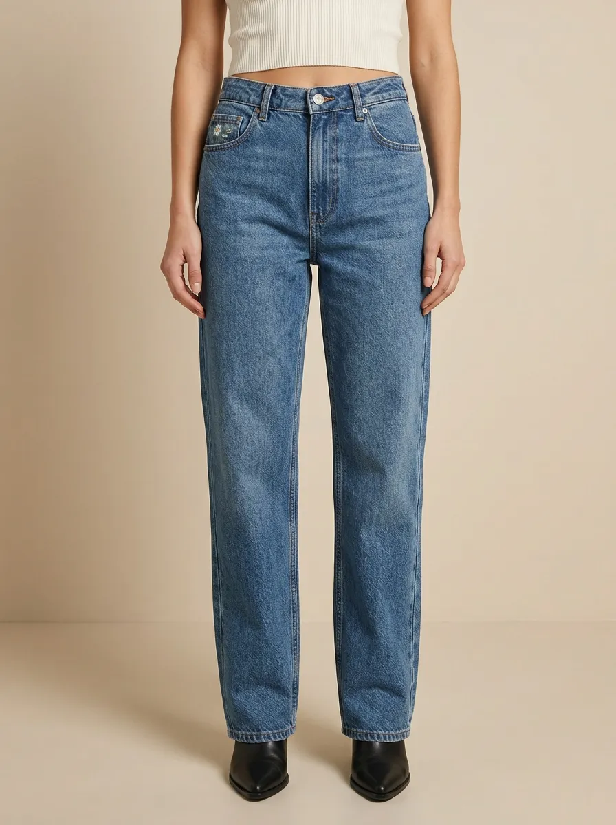 Women's Floral Daisy Embroidered Coin-Pocket Contrast-Stitch Straight-Leg Jeans