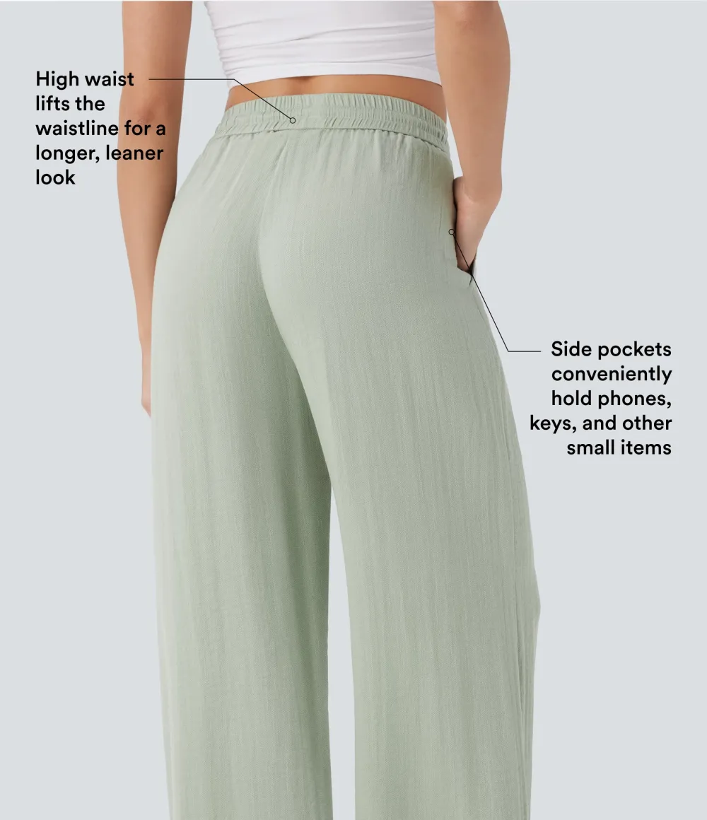 2026🔥  High Waisted Drawstring Pocket Wide Leg Casual Linen-Feel Pants
