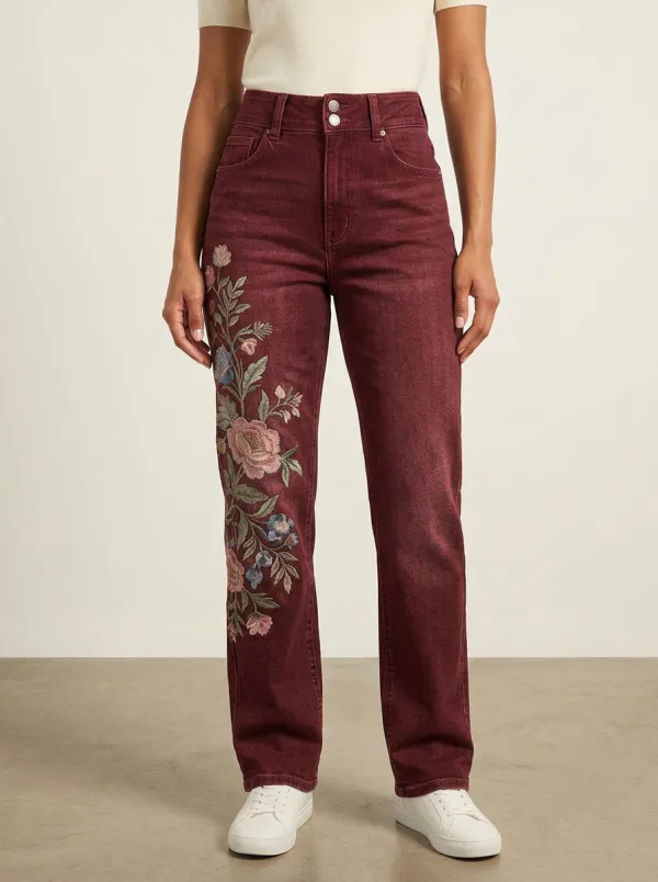 Women's Floral Lover Vintage Flower Printed Straight Leg Jeans