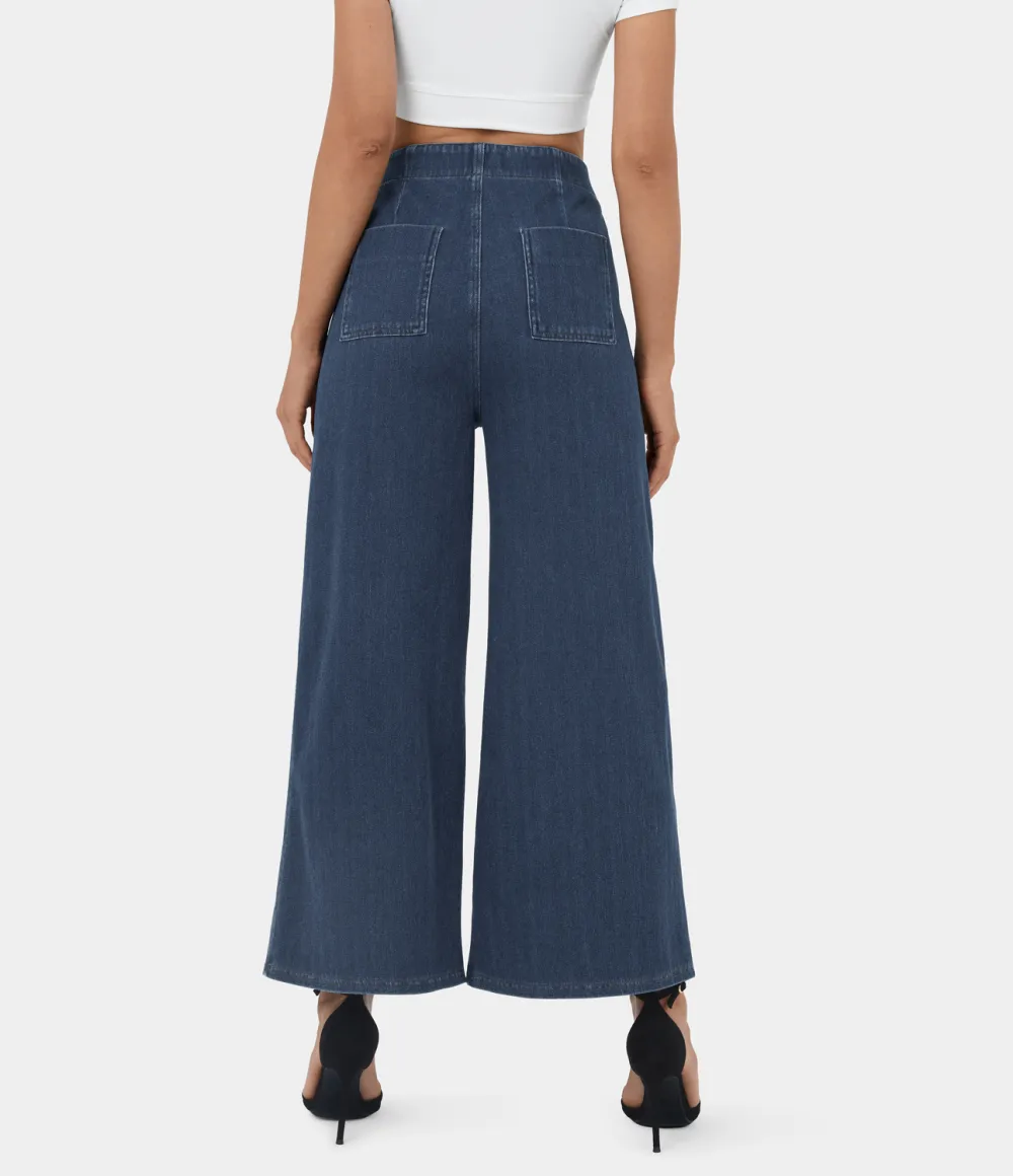 Magic High Waisted Button Pockets Washed Stretchy Knit Casual Wide Leg Jeans