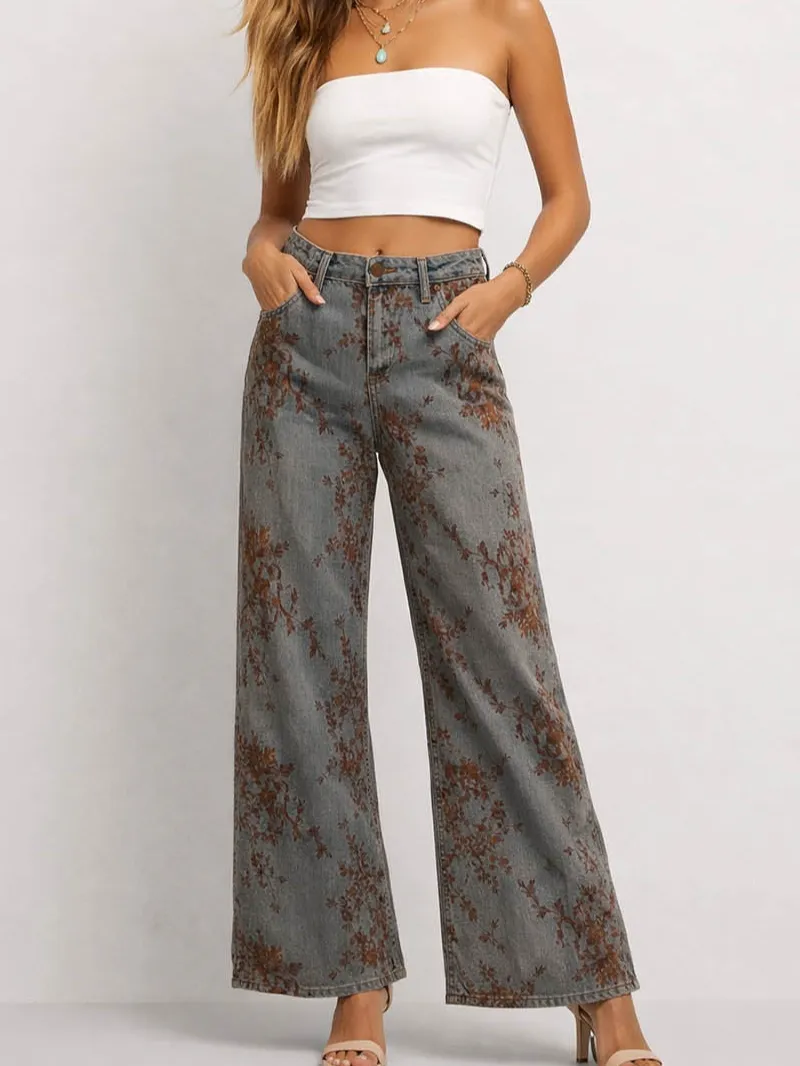 Vintage Jacquard Wide Leg Denim Pants