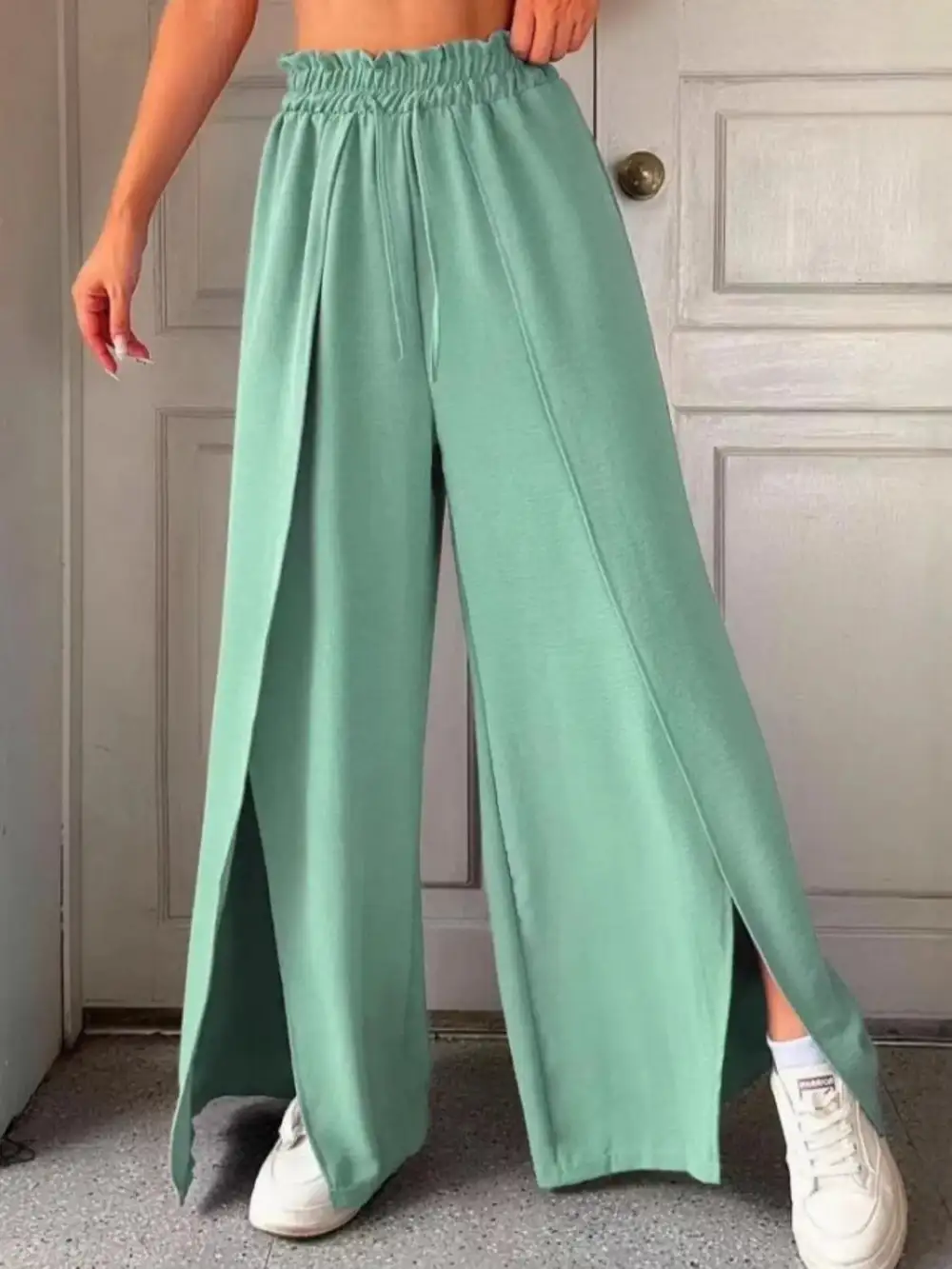 Wide Leg Slit Detail Ruffle Detail Everyday Pants
