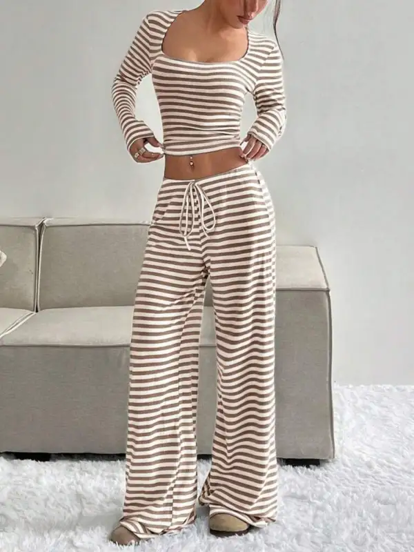 Striped Long Sleeve Crop Top and Wide Leg Pants Set