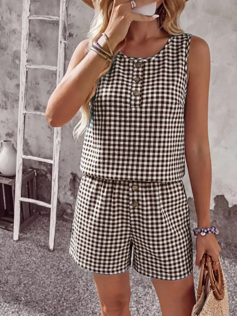 Gingham Sleeveless Top & Shorts Set