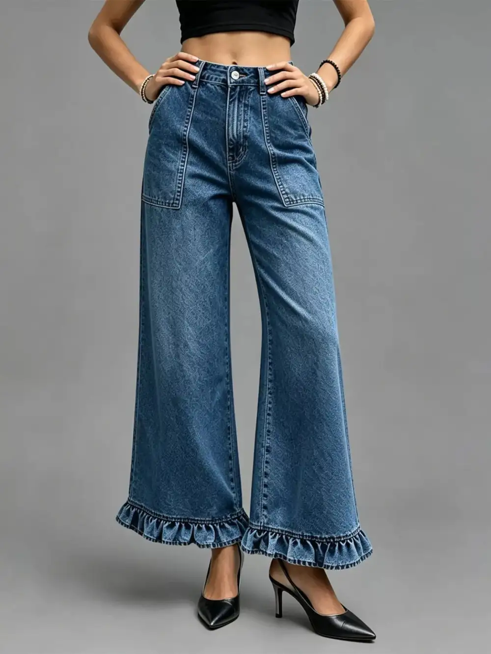 Women' High-Waisted Wide-Leg Ruffle Hem Jeans