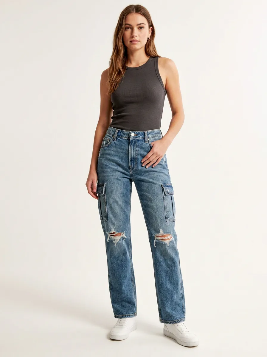 Women's Casual Streetwear Distressed Cargo Pocket Denim Jeans