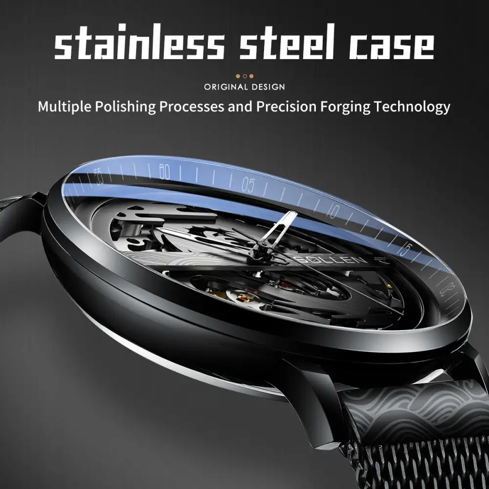 Sollen SL317 Men's Skeleton Dragon Automatic Mechanical Watch - 42mm Stainless Steel Case Slim 9.9mm Open Heart Mesh Bracelet Wristwatch