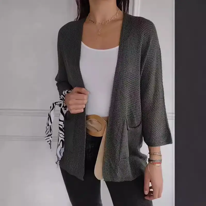 Women's Waffle-Knit Three-Quarter Sleeve Cardigan