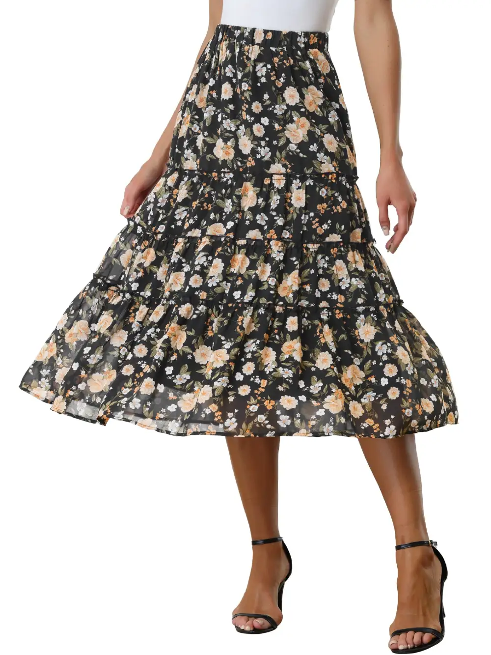 Chiffon Floral-Print Long Tiered Ruffle Boho Midi Skirt