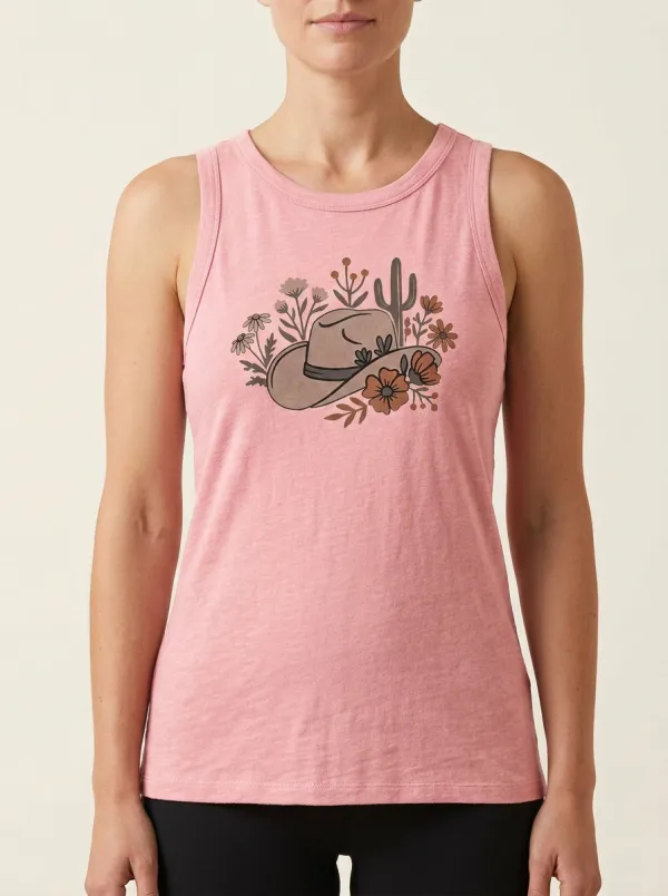 Cowgirl Cactus Floral Built-In Bra Tank Top