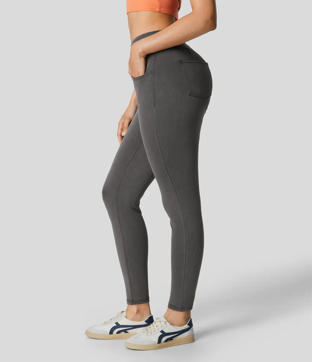 Magic Curvy High Waisted Decorative Button Multiple Pockets Stretchy Knit Denim Casual 7/8 Leggings