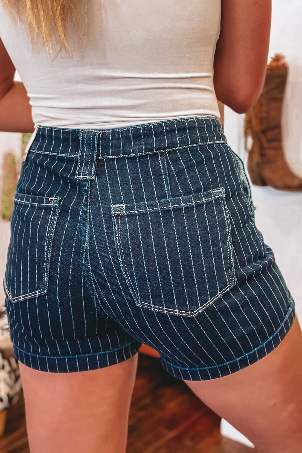 Stripe Metal Button Detail Denim Shorts