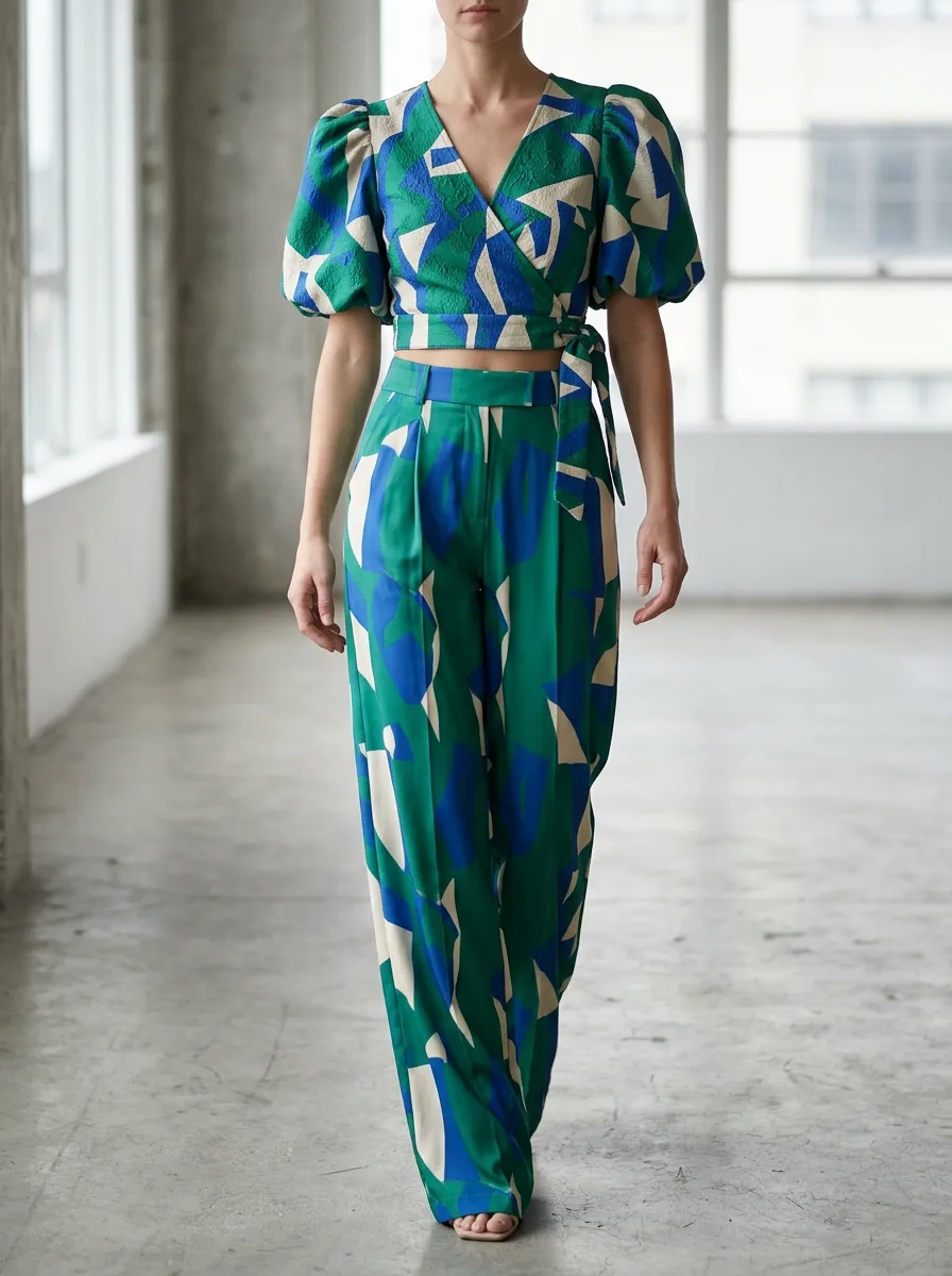Women's Geometric Pattern Puff Sleeve Patterned Crop Wide Leg Pants Set