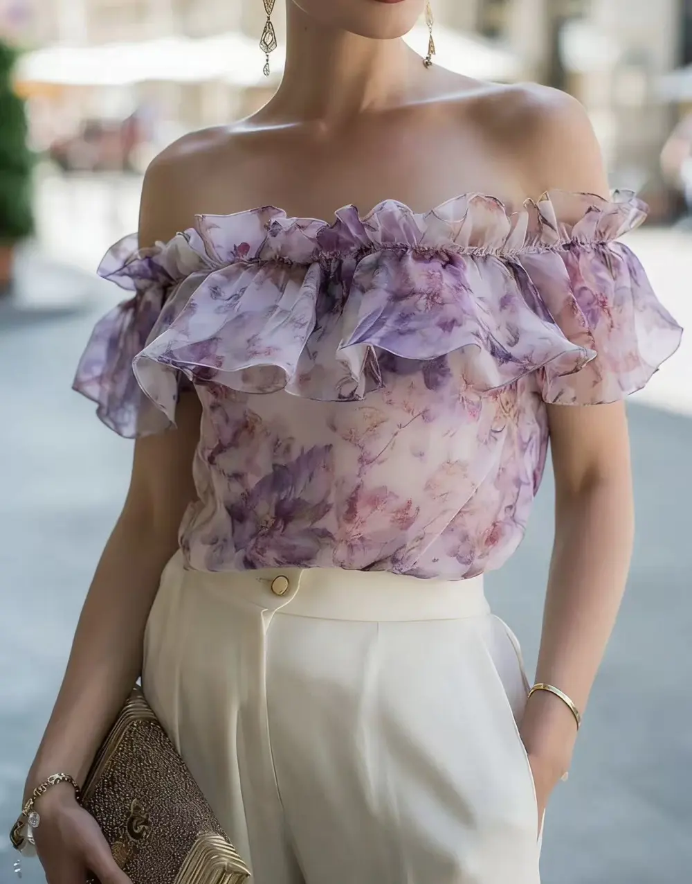 Printed Chiffon Off Shoulder Top