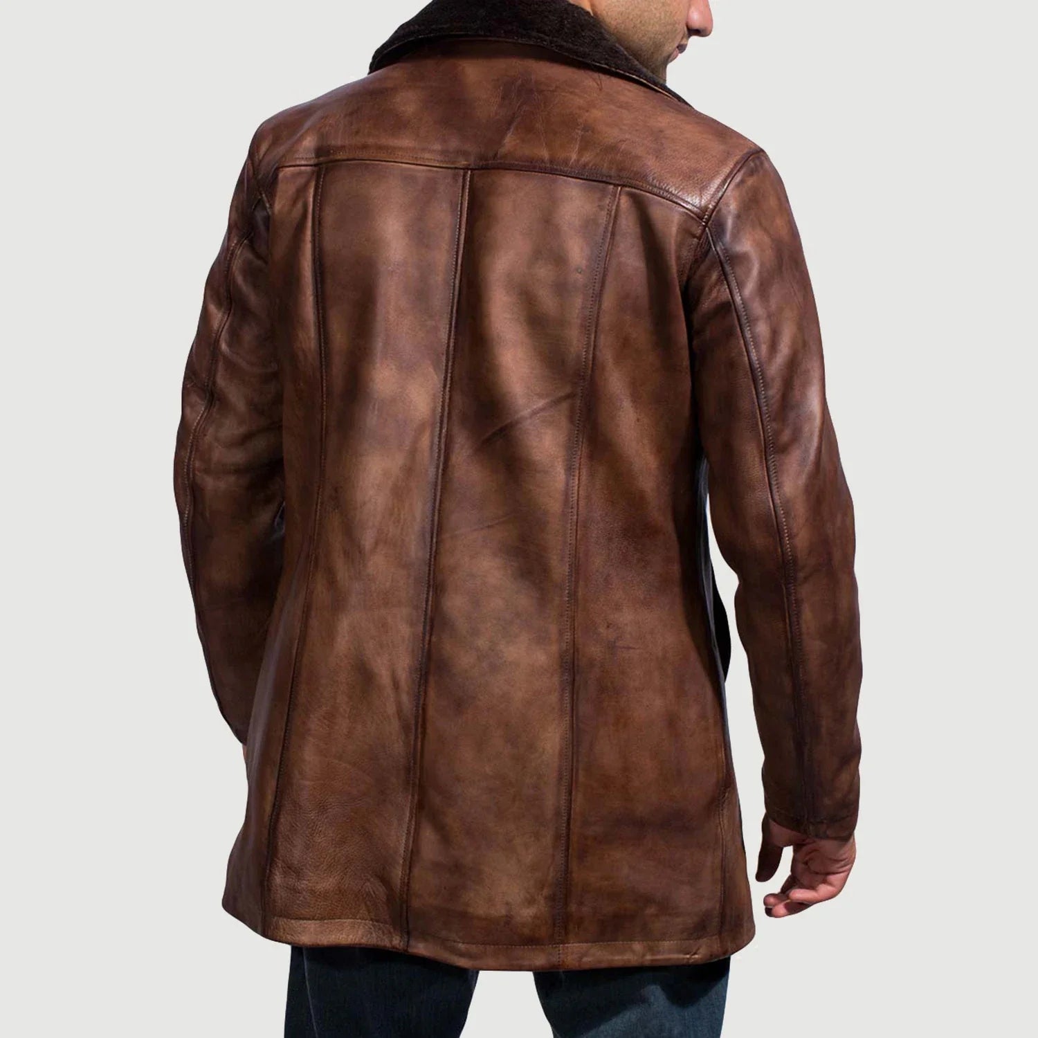 Men's Leather Fur Trim Distressed Coat