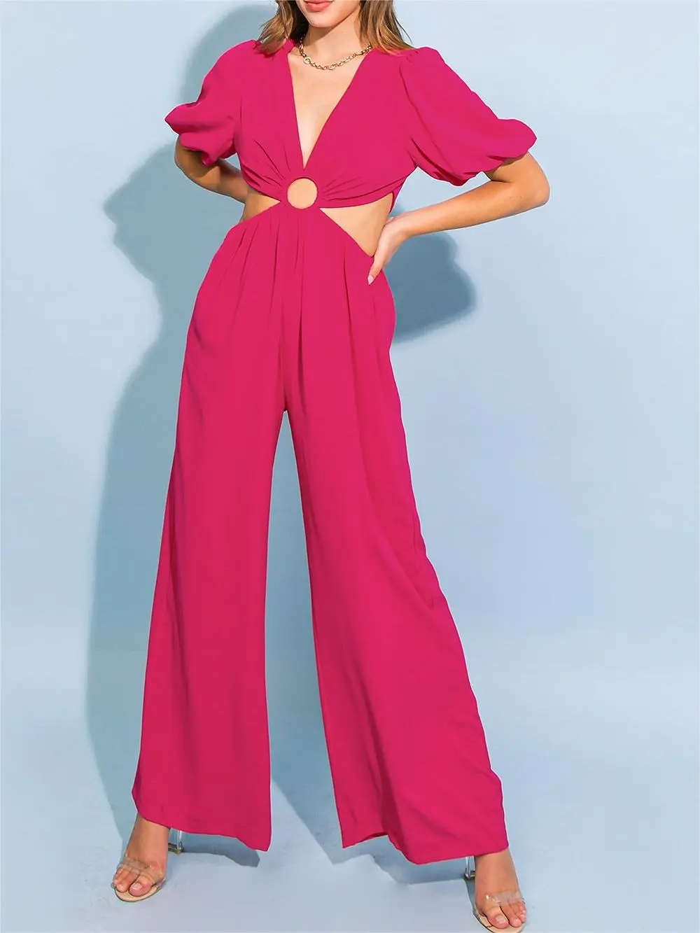 Emerald Green Cut - Out Puff - Sleeve Jumpsuit