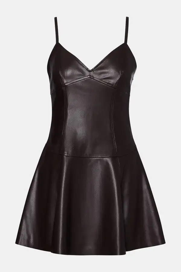 Brown Faux Leather V Neck Cami Dress