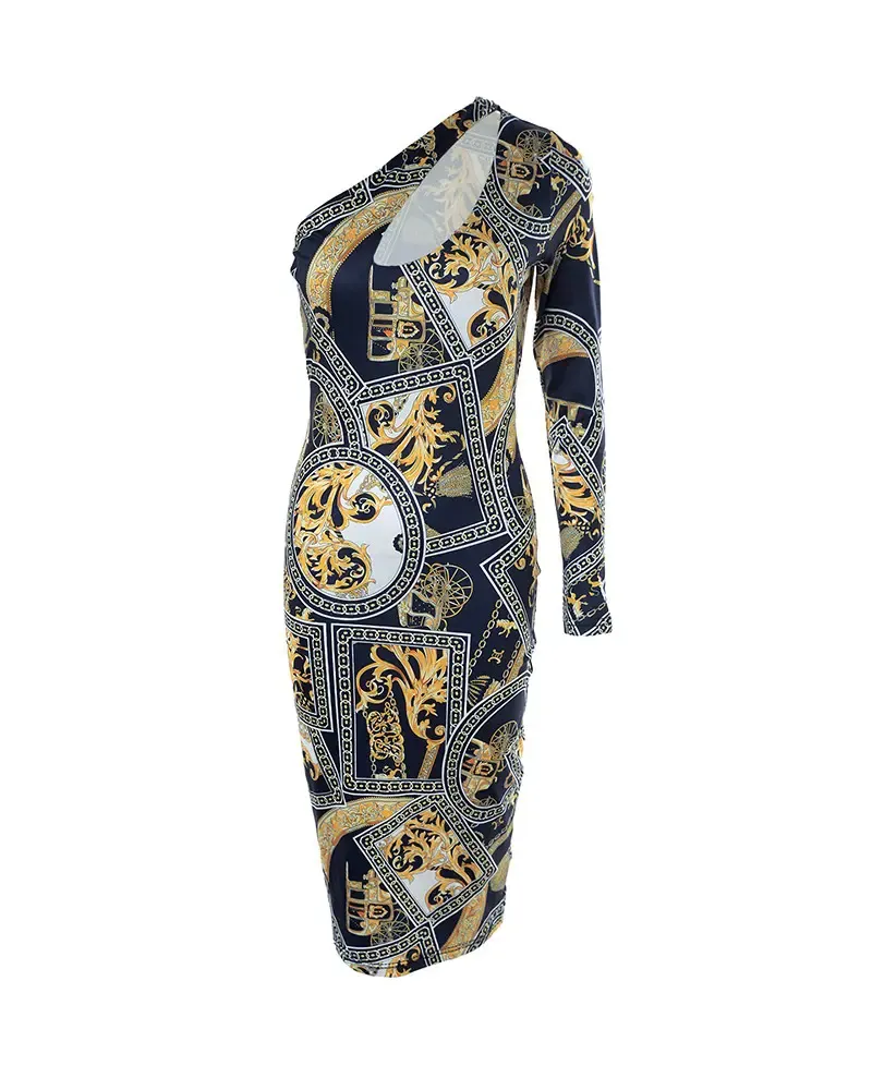 Print One Shoulder Cutout Bodycon Dress