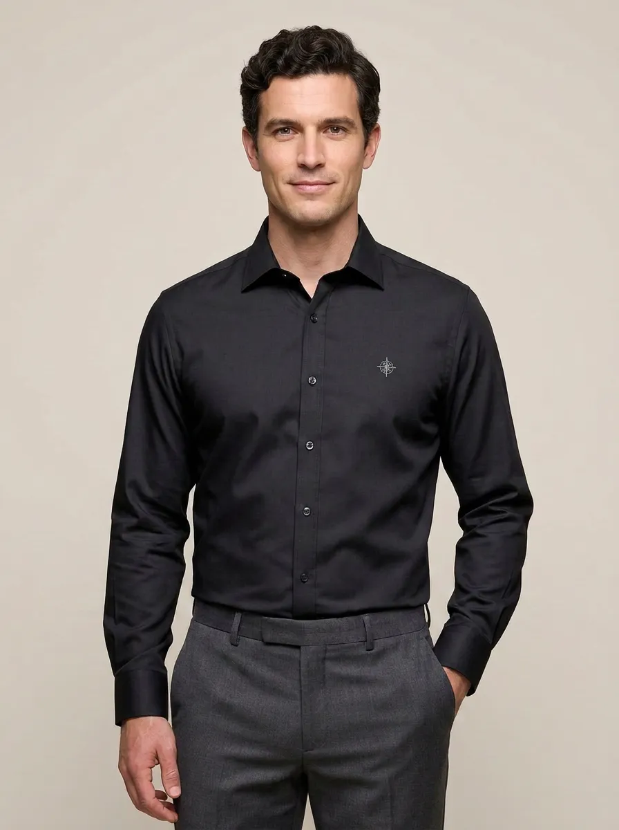 Men's Non-Iron Cotton Compass Logo Embroidered Dress Shirt