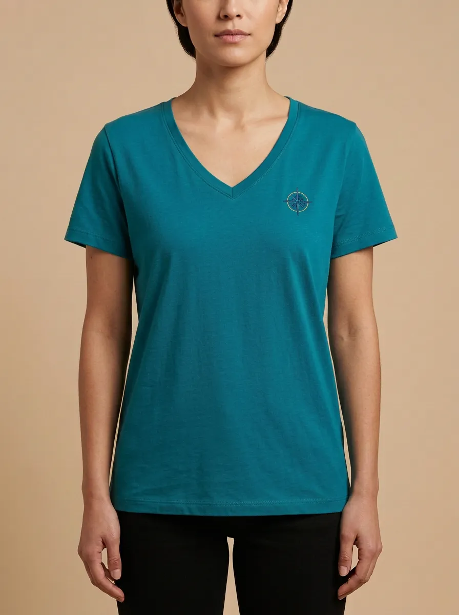 Women's Adventure Compass Embroidered V-Neck T-Shirt