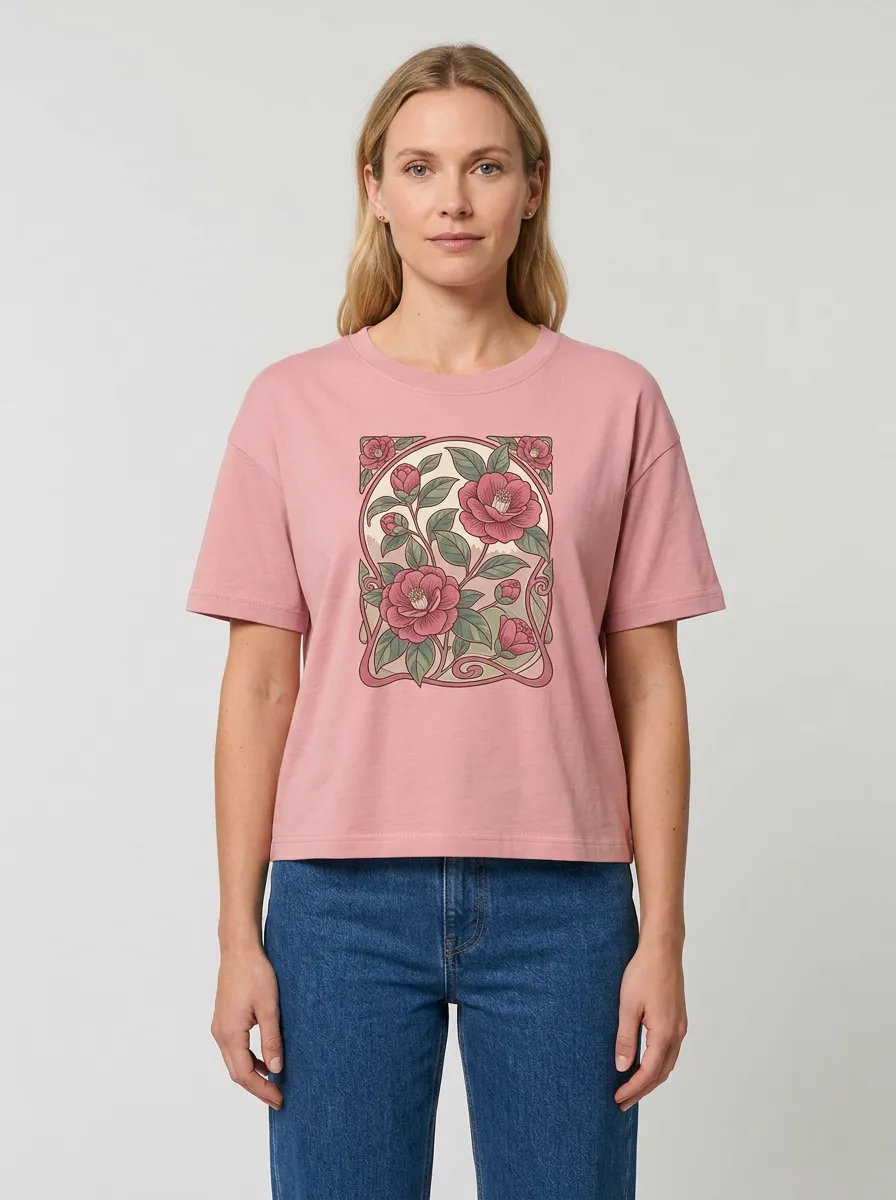 Women's Crew-Neck Graphic Floral-Motif Ribbed T-Shirt