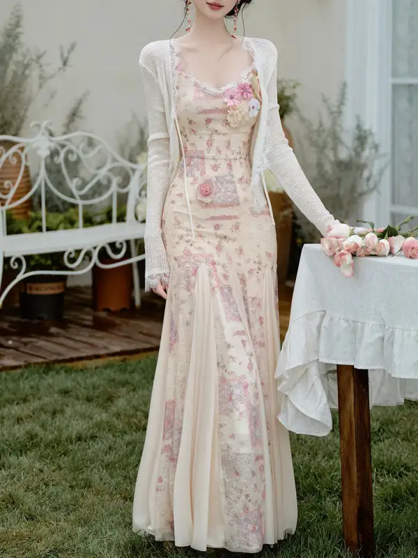 Floral Spaghetti Strap Fishtail Maxi Dress