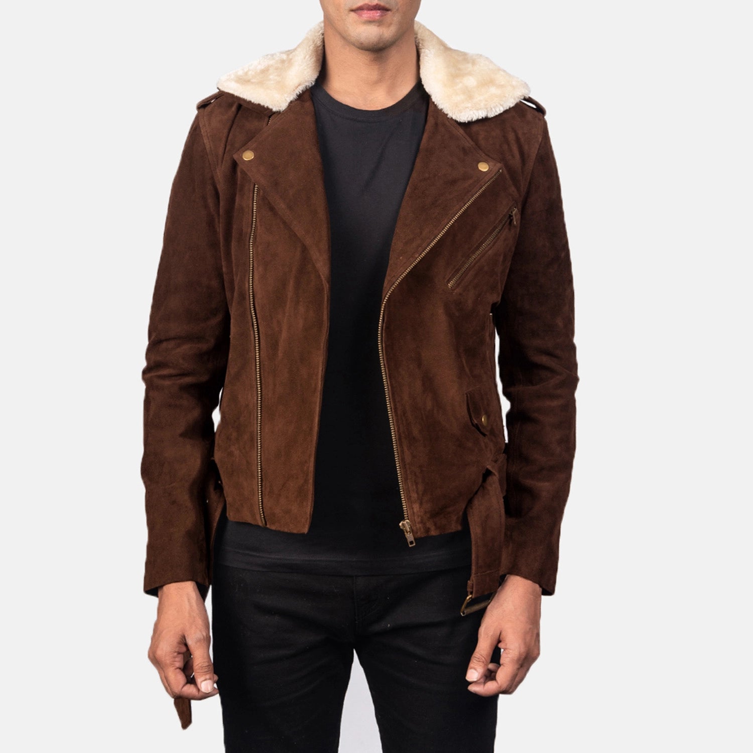 Men's Biker Suede Fur Trim Jacket