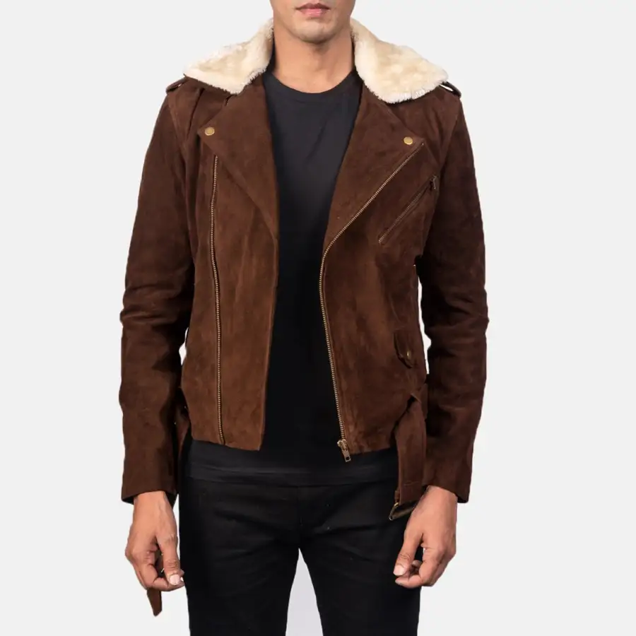 Men's Biker Suede Fur Trim Jacket