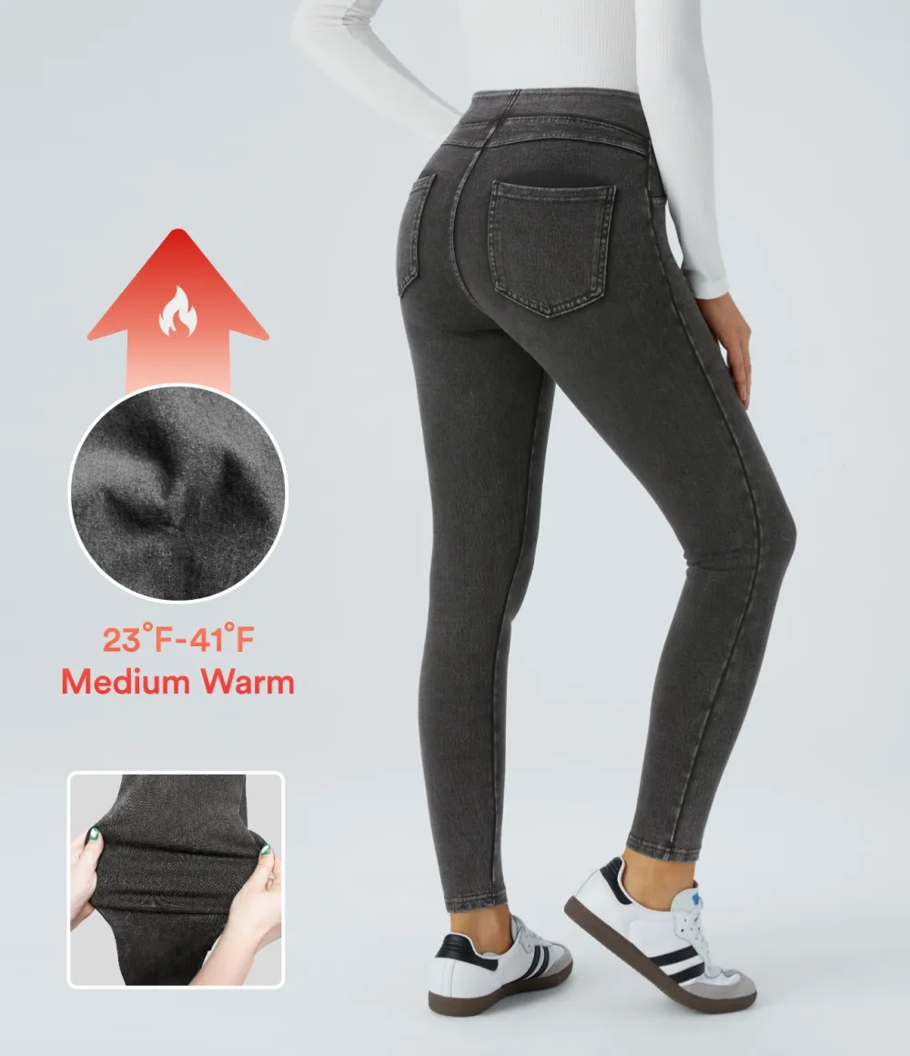Magic High Waisted Back Side Pocket Stretchy Knit Denim Thermal Casual Leggings