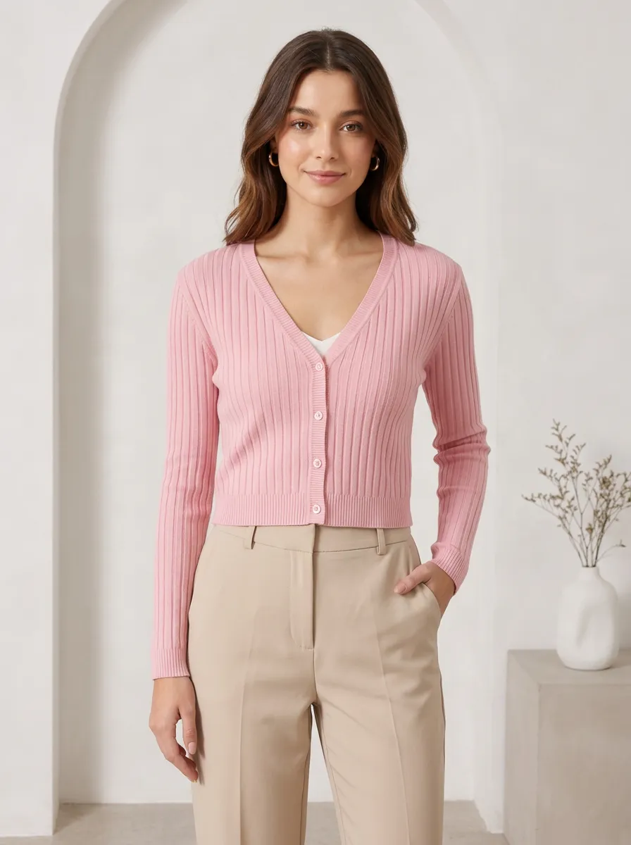 Women's Casual Pink Ribbed V-Neck Button-Down Cardigan Top