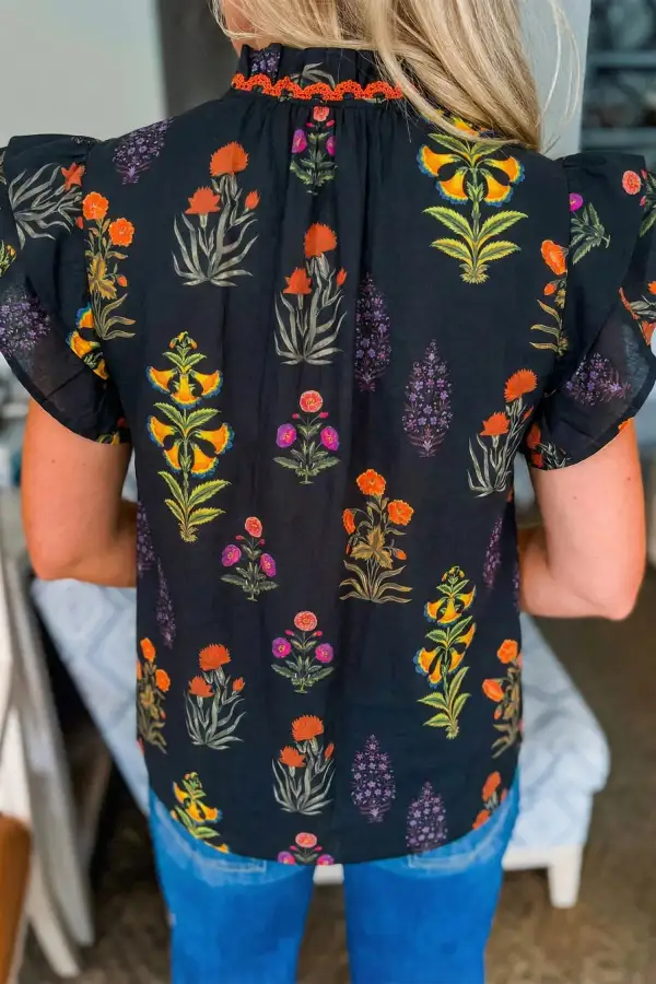Print Lace Trim Frilled V Neck Short Sleeve Shirt
