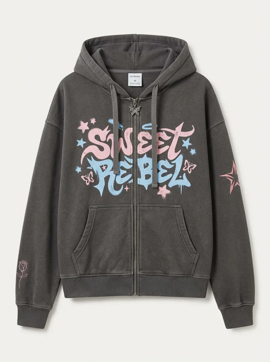 Women's Streetwear Sweet Rebel Butterfly Star Rose Printed Zip-up Hoodie
