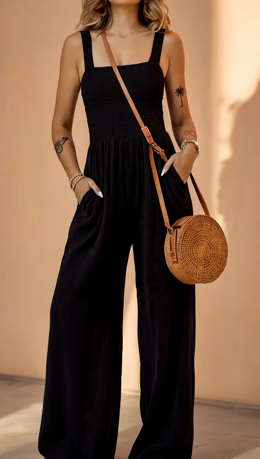 Smocked Sleeveless Wide Leg Jumpsuit With Pockets