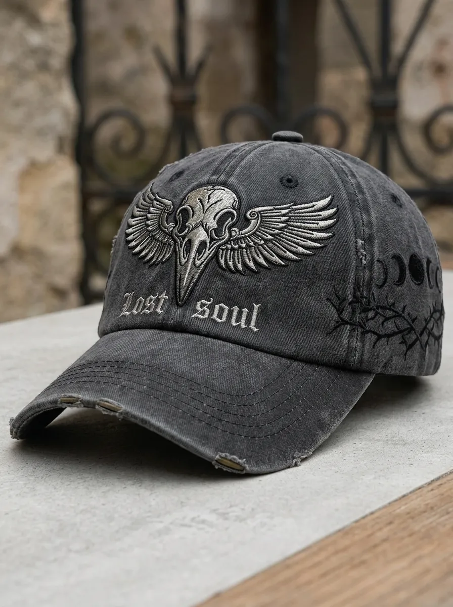 Arcane Skull Wing Embroidered Night Look Unisex Gothic Baseball Cap