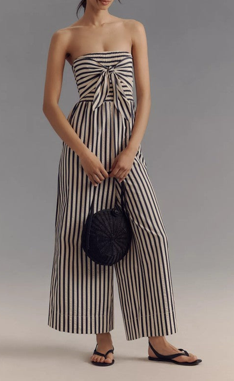 Black White Stripe Tie Front Jumpsuit