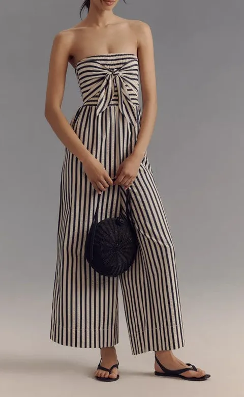 Black White Stripe Tie Front Jumpsuit