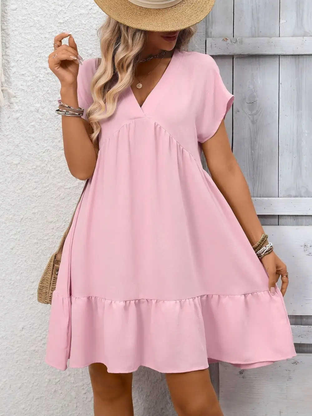 Elegant V Neck Ruffle Mini Dress
