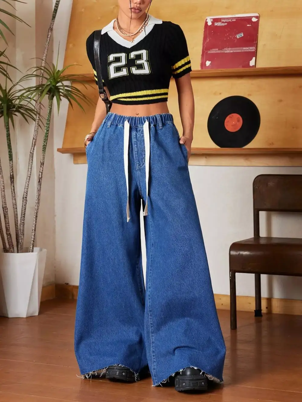 Wide Leg Ripped Drawstring Denim Jeans