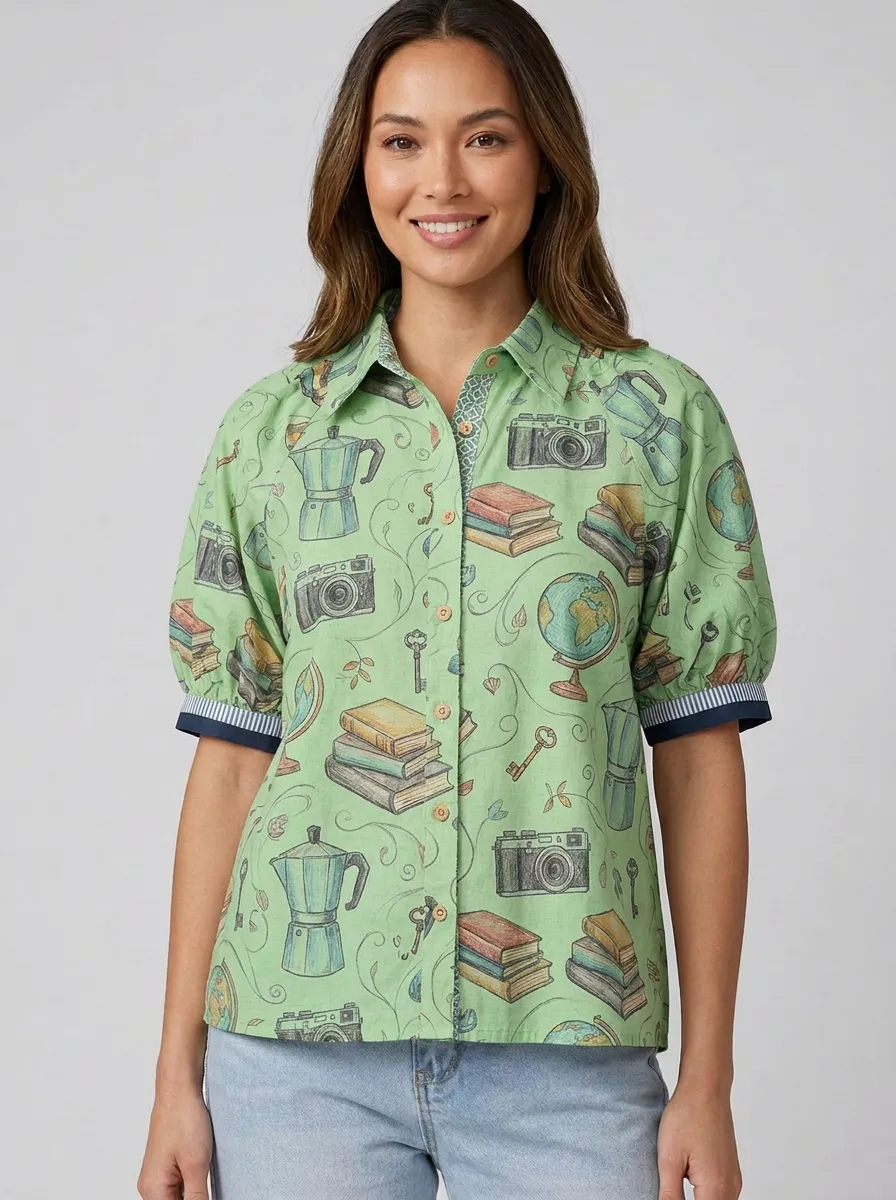 Women's Travel Inspired Camera Book Coffee Printed Shirt