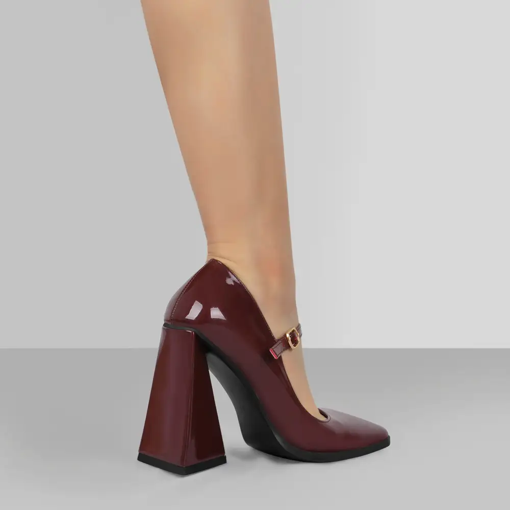 Patent Finish Square Toe Chunky Heel Pumps