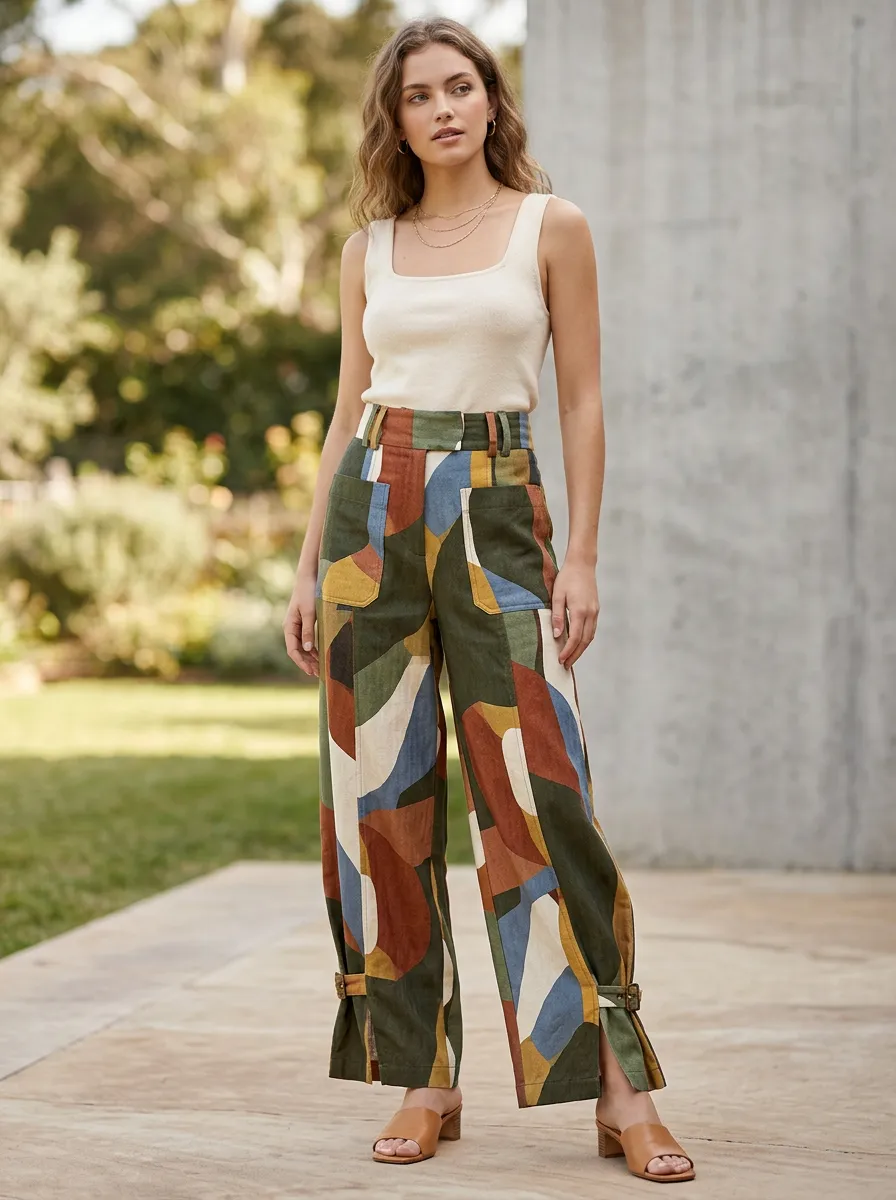 Women's Abstract Geometric Pattern Printed Wide Leg Pants
