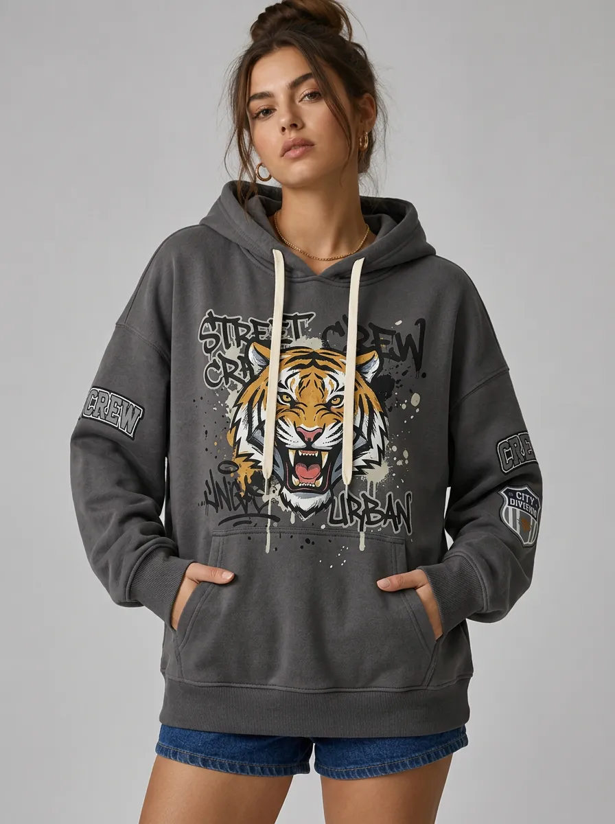 Women's Streetwear Urban Tiger Graffiti Printed Hoodie