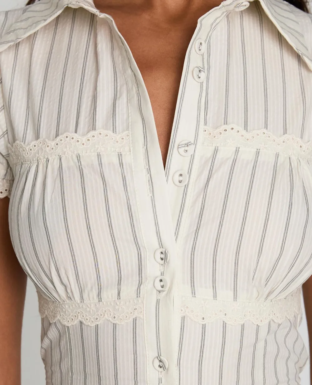 Cream Stripe Puff Sleeve Button-Front Top