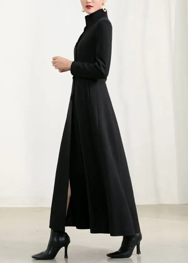 Wool Blend Fit and Flare Single Breasted Stand Collar Pocketed Long Coat