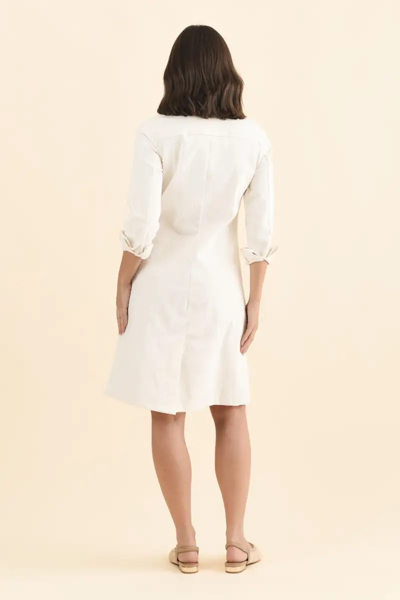 Button-Front Knee-Length Cotton Pocket Collared Long-Sleeve A-Line Dress