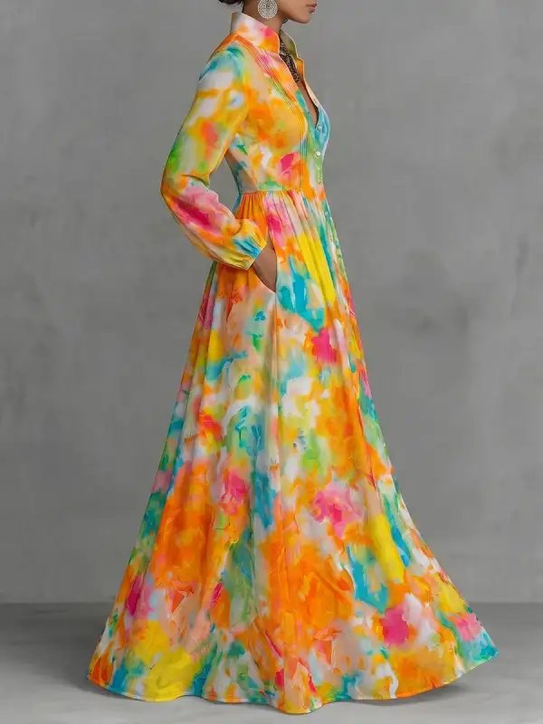 Sleeves Pleated Printed Buttoned Long Shirt Maxi Dress