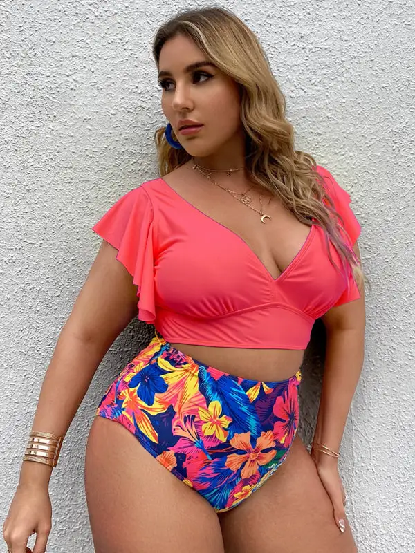 Plus Size Falbala V Neck Bikini Swim Set