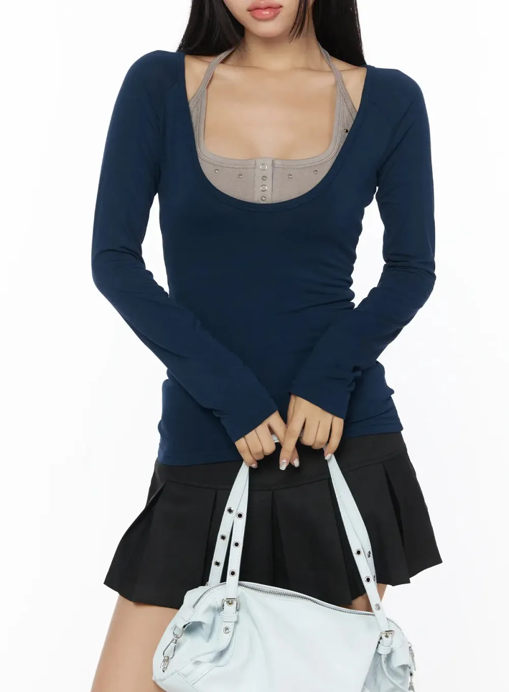 Studded Halter Layered Long Sleeve Top