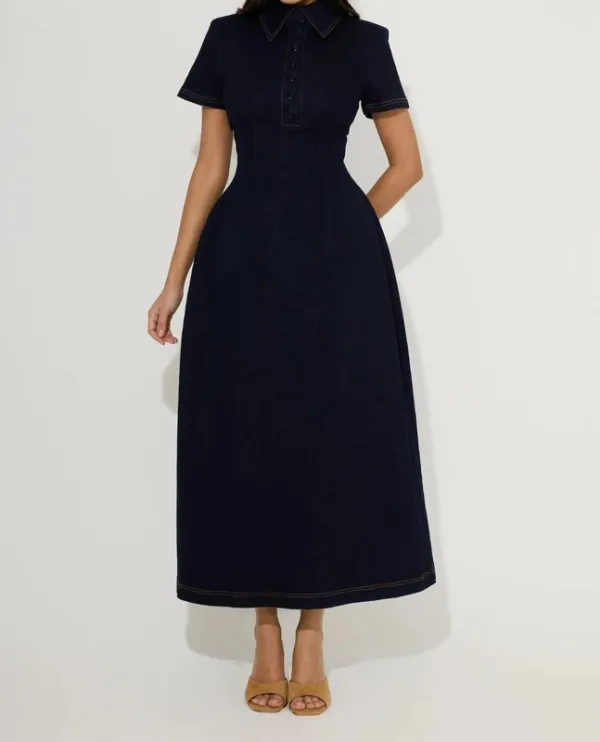 Dark Blue Denim Collared Midi Dress