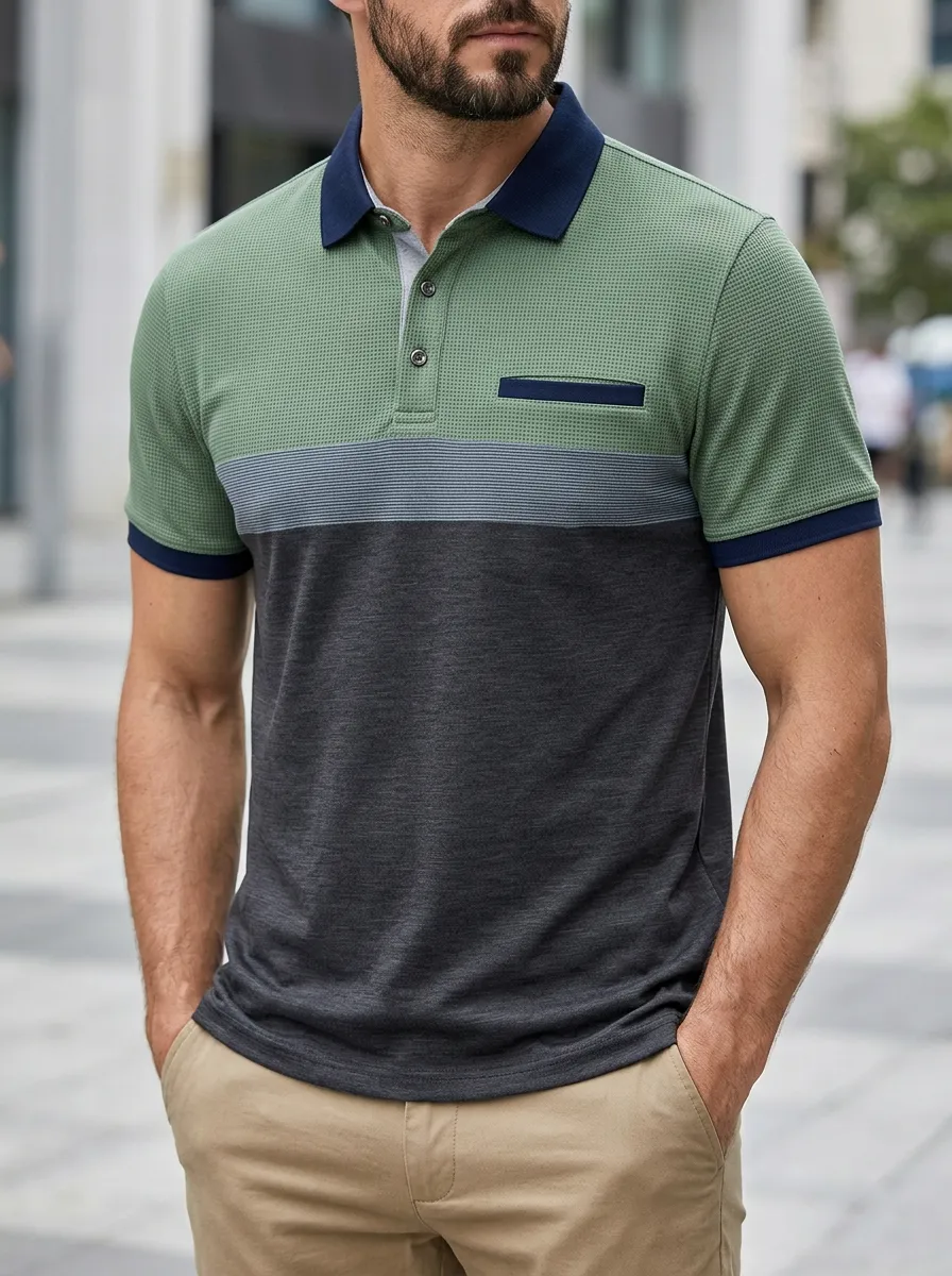 Men's Colorblock Pocket Waffle Textured Polo Shirt